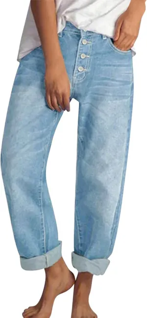 Stretch Jeans for Women Retro Straight Wide Leg Elastic High Waisted Trousers Loose Casual Denim Pants with Pockets