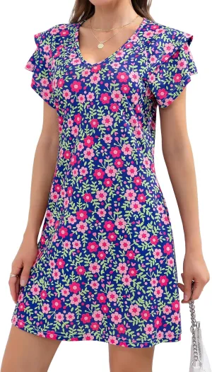 Summer Dresses for Women 2025 Beach Casual Sundress Floral V Neck A-line Dress Short Ruffle Sleeve Boho Dresses with Pockets