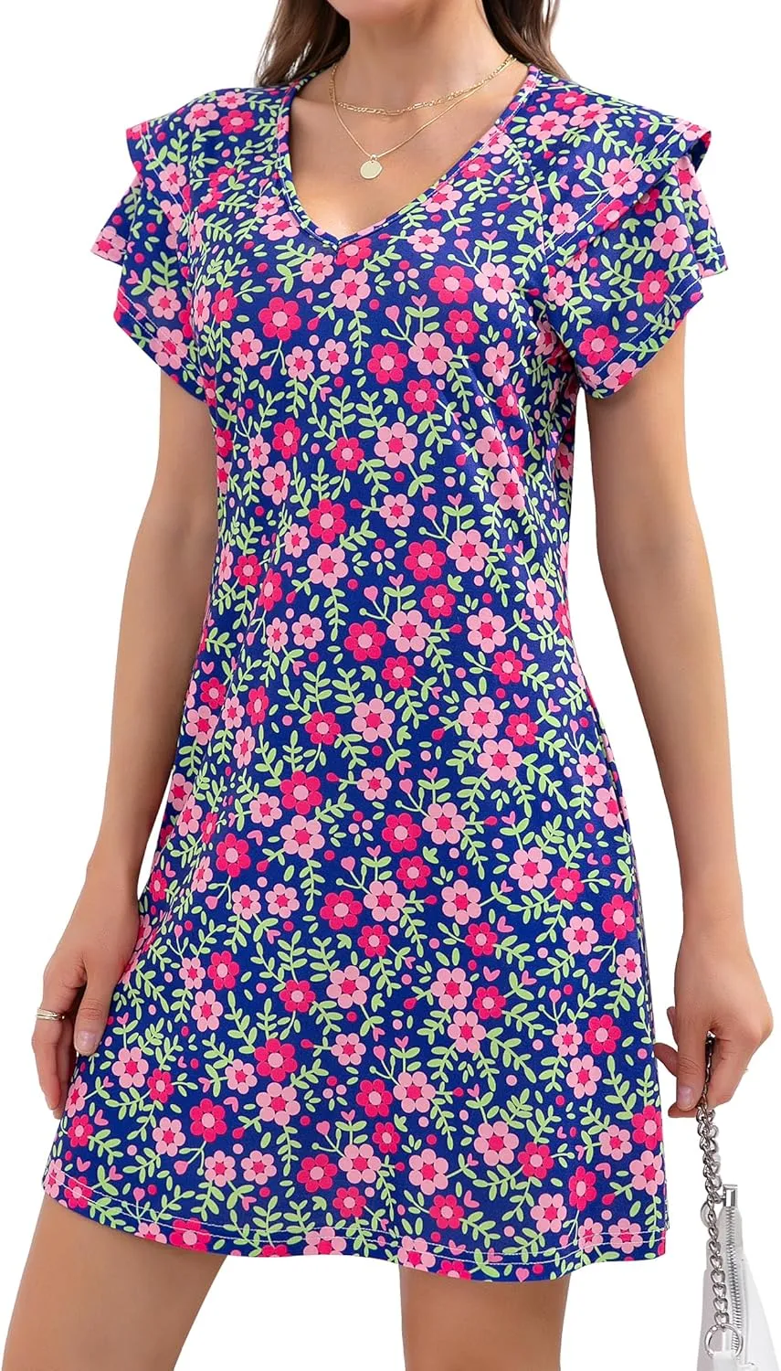 Summer Dresses for Women 2025 Beach Casual Sundress Floral V Neck A-line Dress Short Ruffle Sleeve Boho Dresses with Pockets