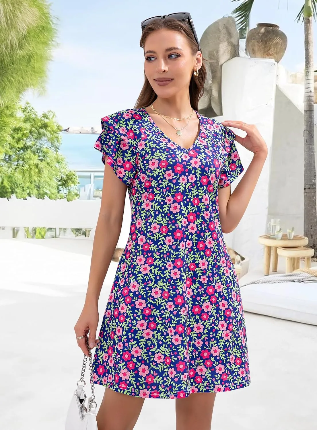 Summer Dresses for Women 2025 Beach Casual Sundress Floral V Neck A-line Dress Short Ruffle Sleeve Boho Dresses with Pockets