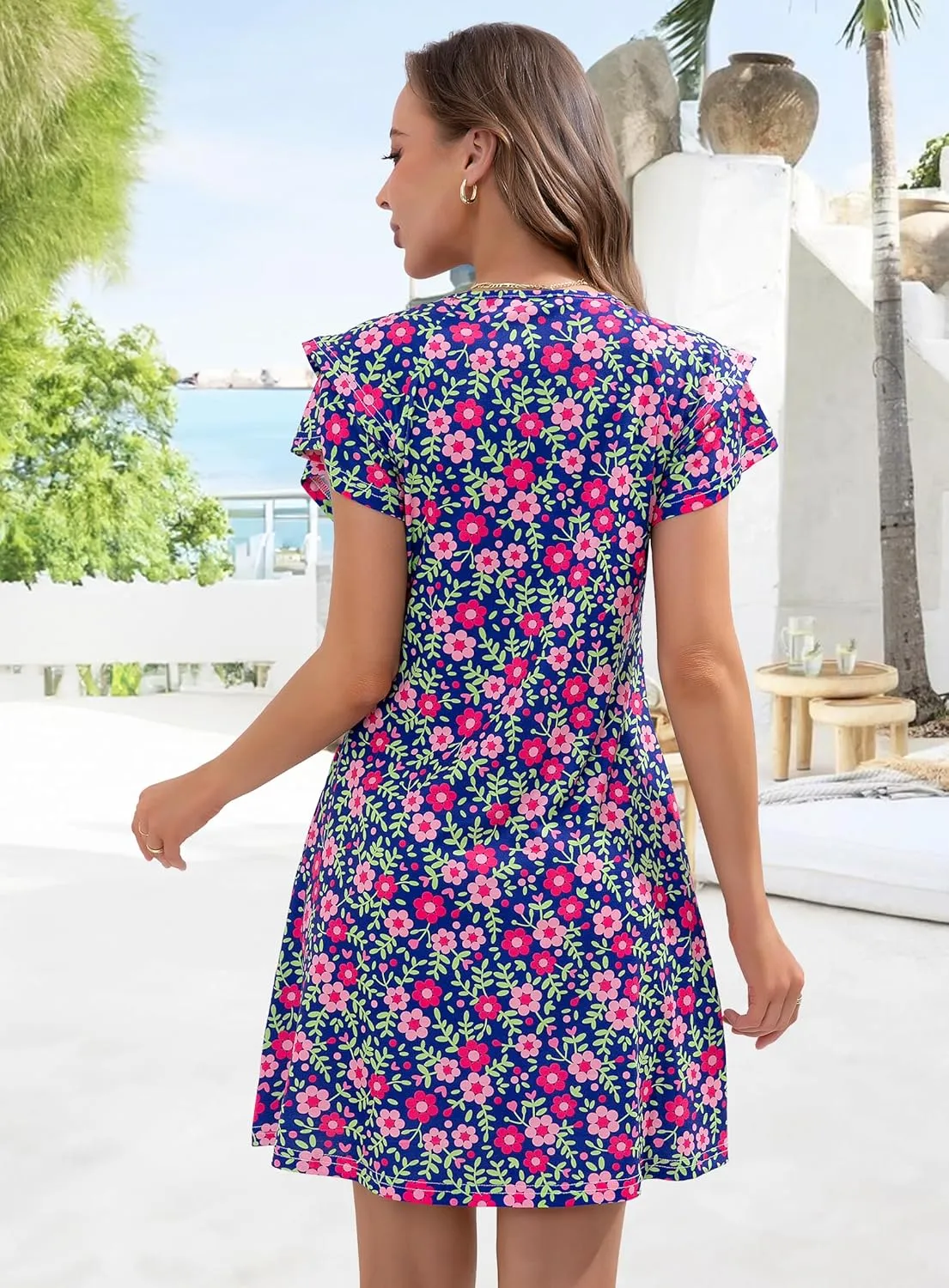 Summer Dresses for Women 2025 Beach Casual Sundress Floral V Neck A-line Dress Short Ruffle Sleeve Boho Dresses with Pockets