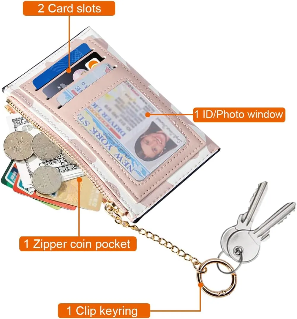 Sunwel Fashion Cow Print Minimalist ID Card Case with Zipper Coin Pocket Keychain for Women Girls