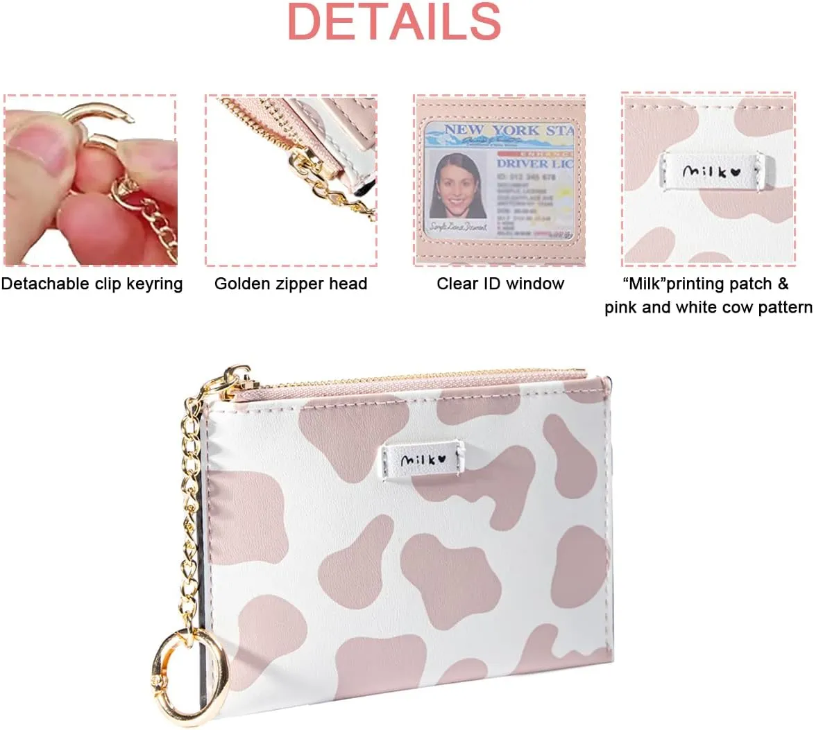 Sunwel Fashion Cow Print Minimalist ID Card Case with Zipper Coin Pocket Keychain for Women Girls