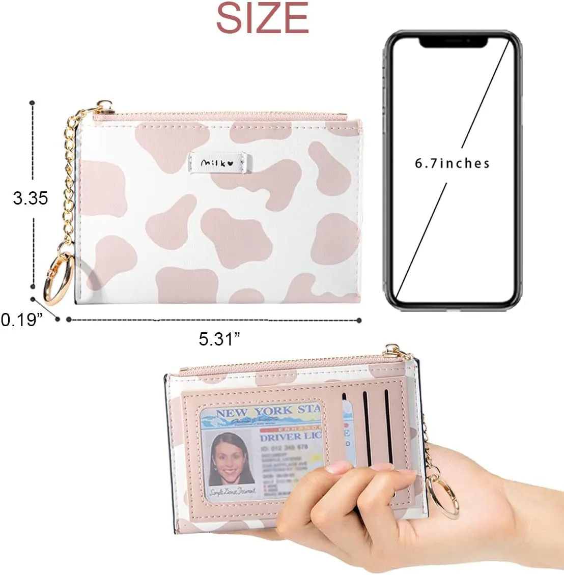 Sunwel Fashion Cow Print Minimalist ID Card Case with Zipper Coin Pocket Keychain for Women Girls