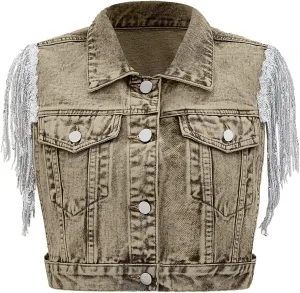 SweatyRocks Women's Fringe Button Down Crop Denim Jacket Sleeveless Collared Jean Coats