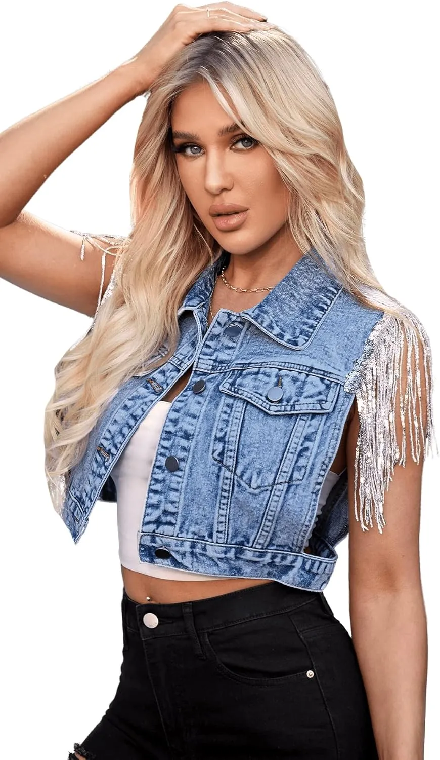SweatyRocks Women's Fringe Button Down Crop Denim Jacket Sleeveless Collared Jean Coats