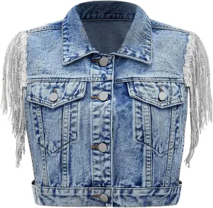 SweatyRocks Women's Fringe Button Down Crop Denim Jacket Sleeveless Collared Jean Coats