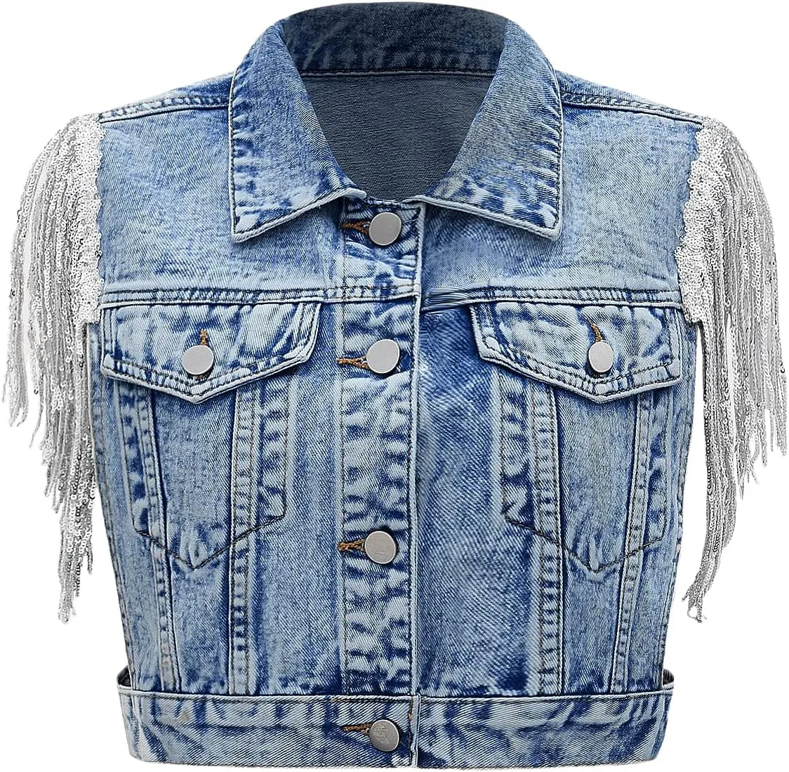 SweatyRocks Women's Fringe Button Down Crop Denim Jacket Sleeveless Collared Jean Coats