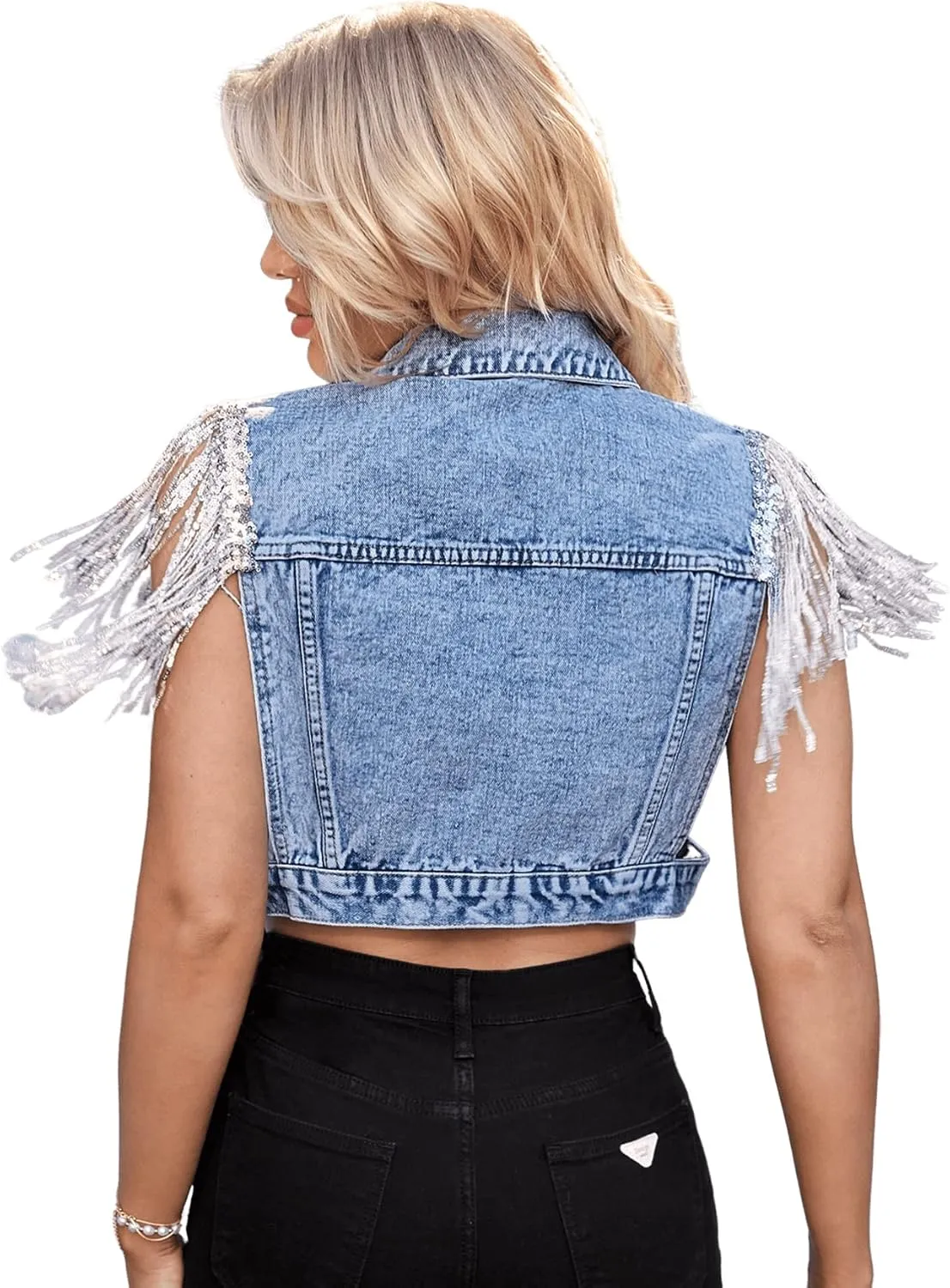 SweatyRocks Women's Fringe Button Down Crop Denim Jacket Sleeveless Collared Jean Coats