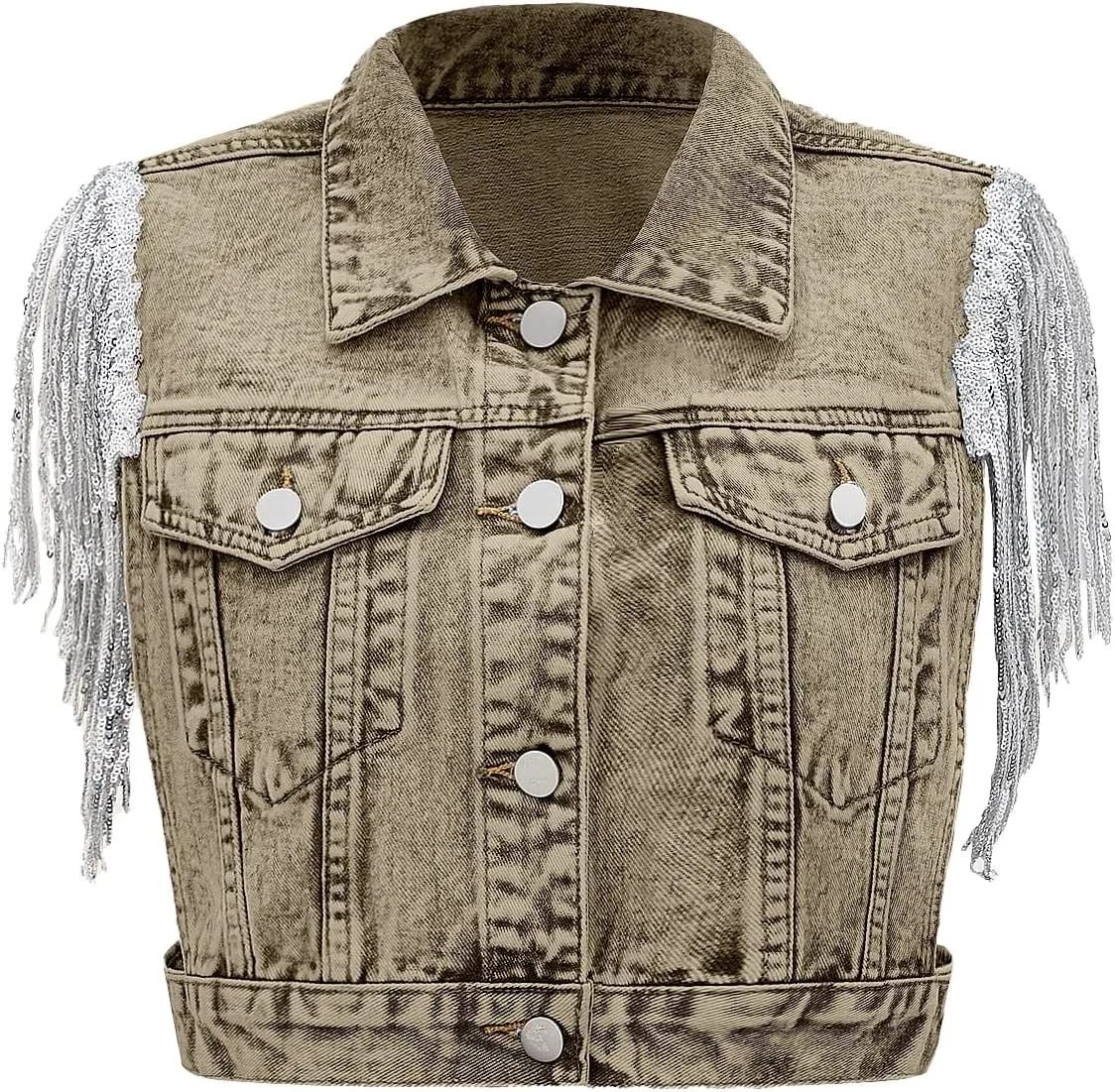 SweatyRocks Women's Fringe Button Down Crop Denim Jacket Sleeveless Collared Jean Coats