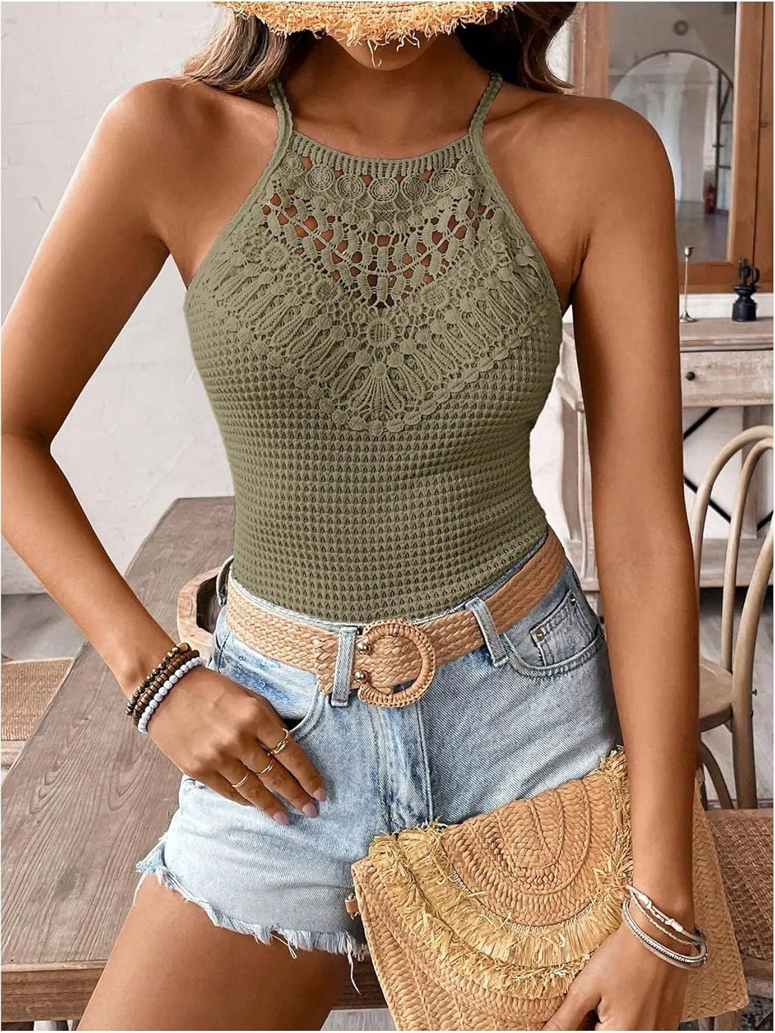 SweatyRocks Women's Hollow Out Lace Camisole Top Slim Fit Tie Back Summer Halter Tops
