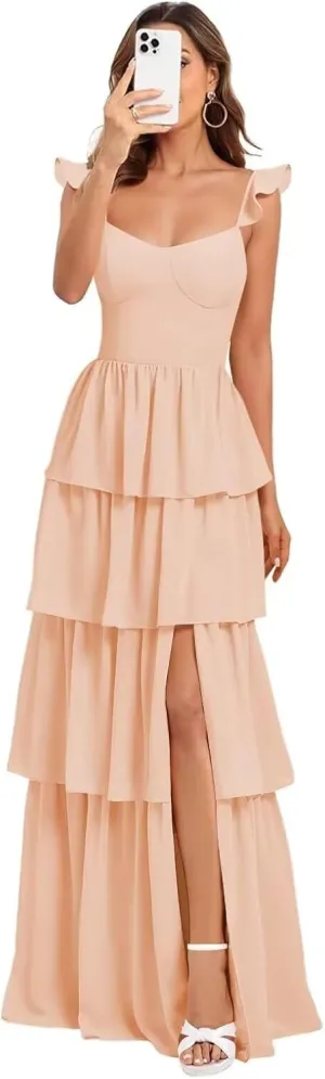 Tiered Chiffon Bridesmaid Dress Spaghetti Straps Prom Dresses with Slit A Line Formal Evening Gown with Ruffle
