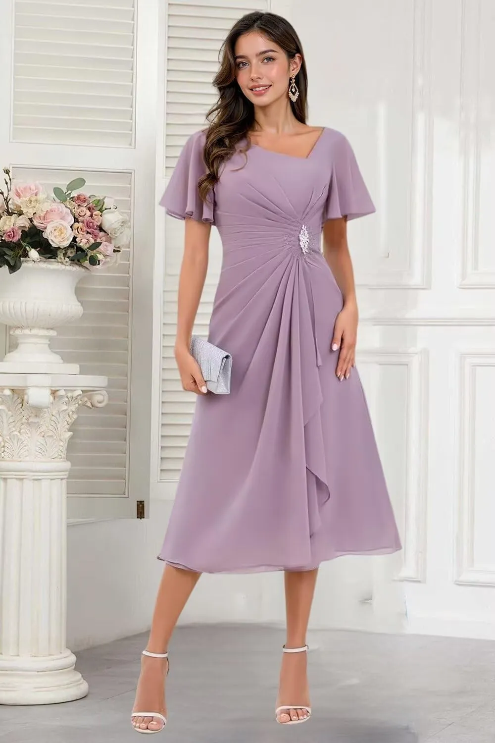 TIRAS Mother of The Bride Dresses Asymmetric Neck Ruffle Sleeves Chiffon A-line Tea Length Wedding Dresses with Pockets