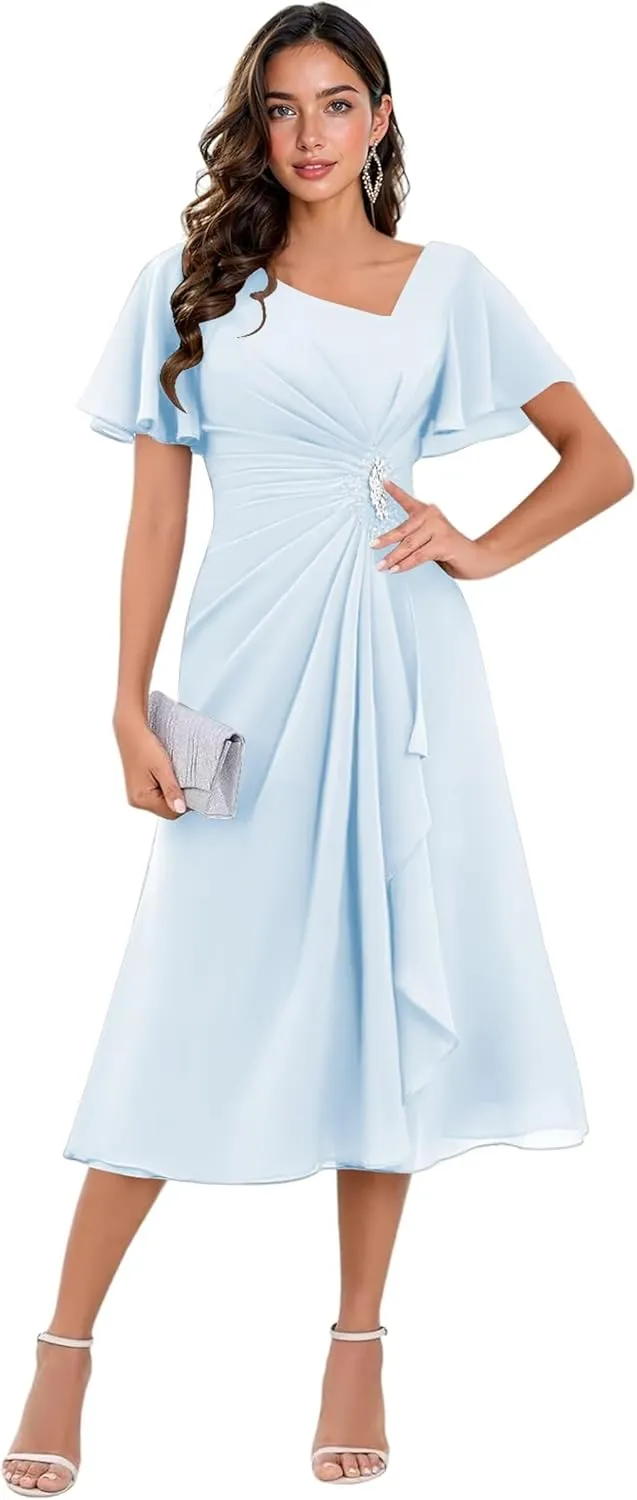TIRAS Mother of The Bride Dresses Asymmetric Neck Ruffle Sleeves Chiffon A-line Tea Length Wedding Dresses with Pockets
