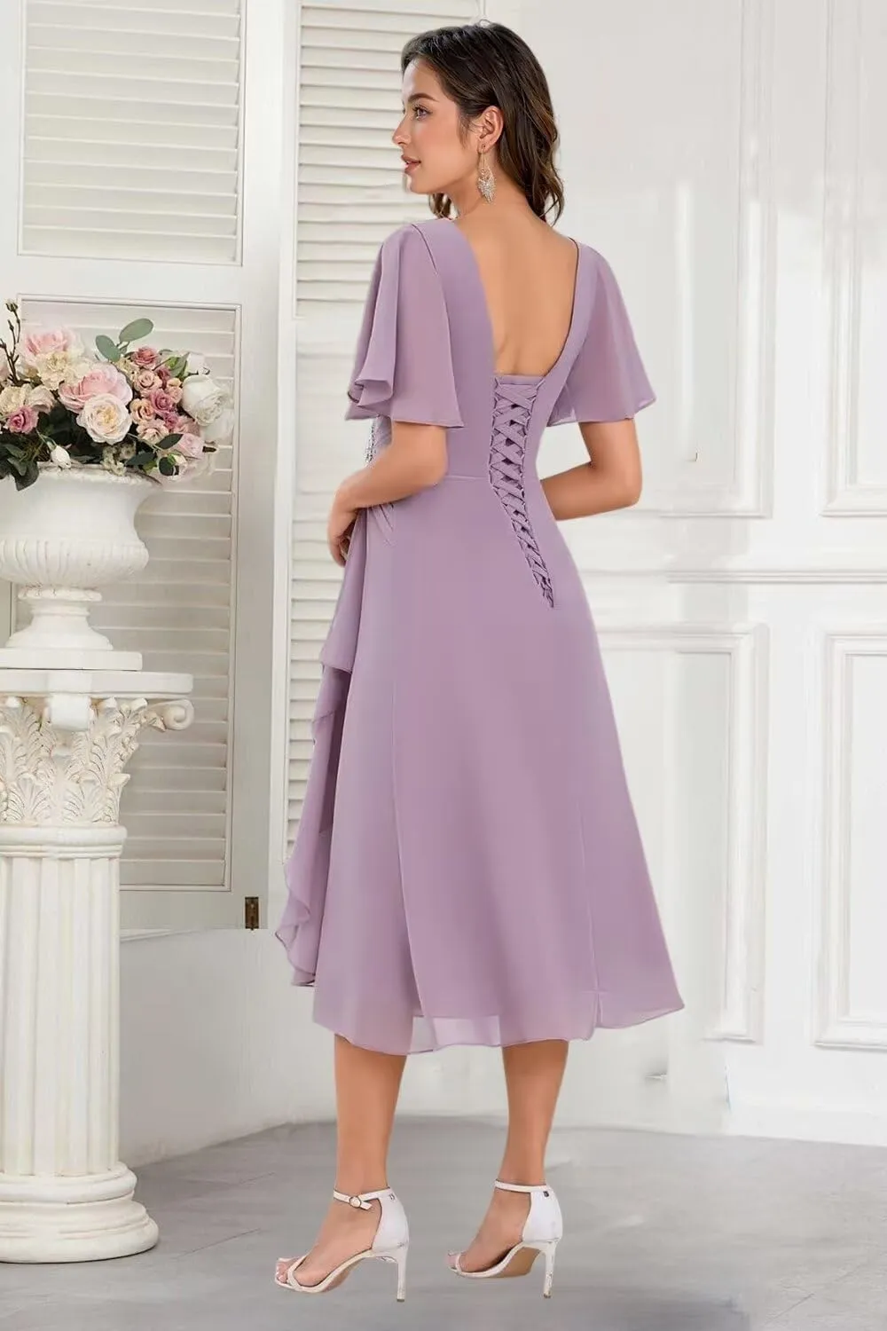 TIRAS Mother of The Bride Dresses Asymmetric Neck Ruffle Sleeves Chiffon A-line Tea Length Wedding Dresses with Pockets