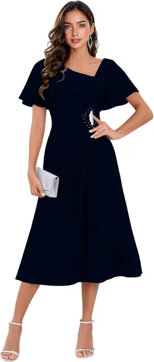 TIRAS Mother of The Bride Dresses Asymmetric Neck Ruffle Sleeves Chiffon A-line Tea Length Wedding Dresses with Pockets