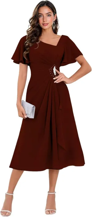 TIRAS Mother of The Bride Dresses Asymmetric Neck Ruffle Sleeves Chiffon A-line Tea Length Wedding Dresses with Pockets