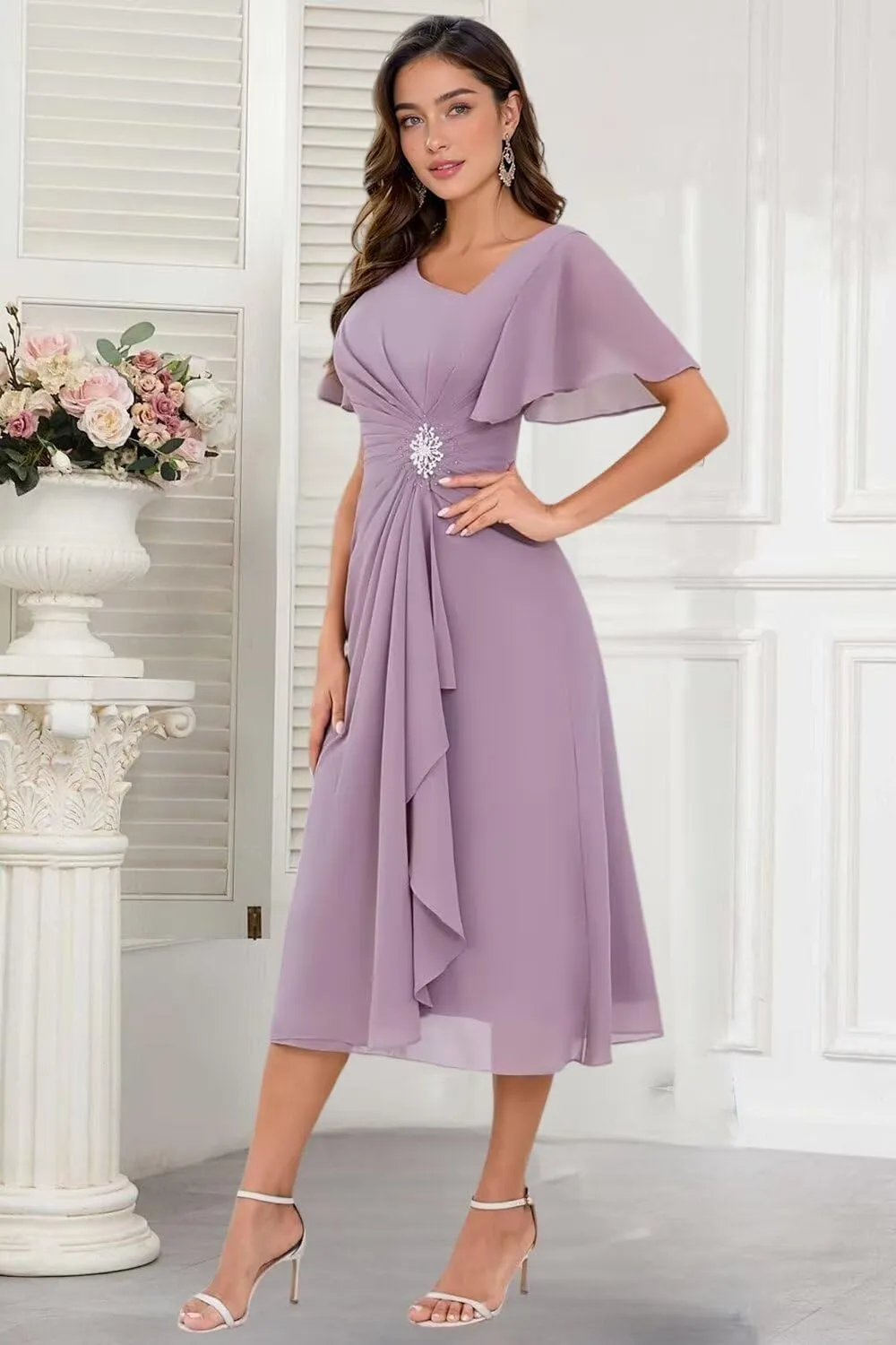 TIRAS Mother of The Bride Dresses Asymmetric Neck Ruffle Sleeves Chiffon A-line Tea Length Wedding Dresses with Pockets