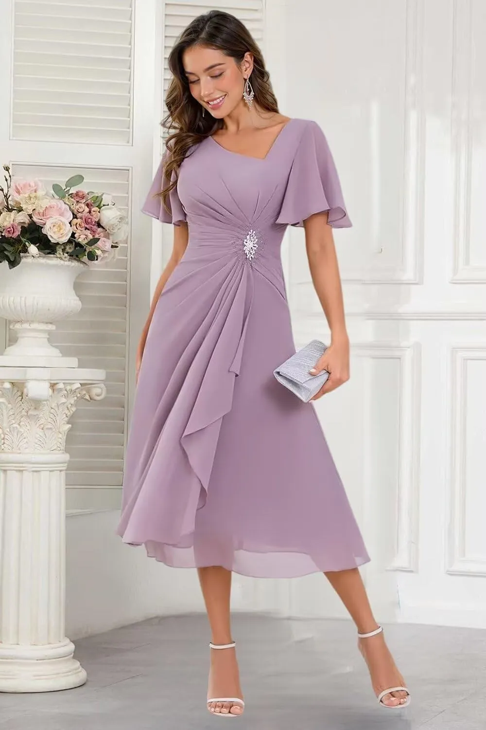 TIRAS Mother of The Bride Dresses Asymmetric Neck Ruffle Sleeves Chiffon A-line Tea Length Wedding Dresses with Pockets