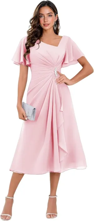 TIRAS Mother of The Bride Dresses Asymmetric Neck Ruffle Sleeves Chiffon A-line Tea Length Wedding Dresses with Pockets