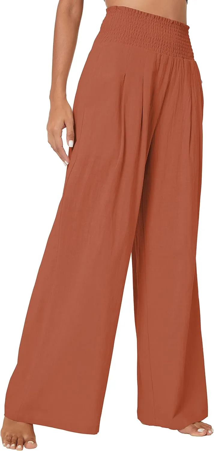 Urban CoCo Women's Elastic High Waist Light Weight Loose Casual Wide Leg Trousers Long Pants with Pocket
