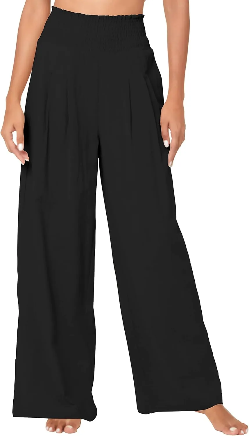 Urban CoCo Women's Elastic High Waist Light Weight Loose Casual Wide Leg Trousers Long Pants with Pocket