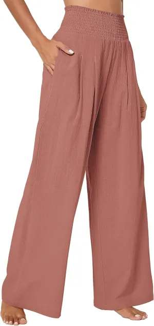 Urban CoCo Women's Elastic High Waist Light Weight Loose Casual Wide Leg Trousers Long Pants with Pocket