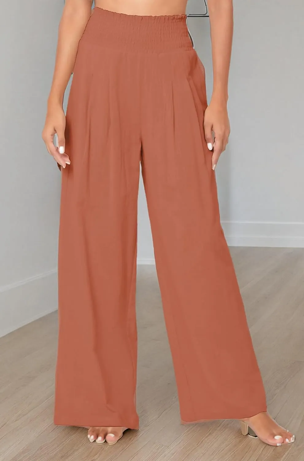 Urban CoCo Women's Elastic High Waist Light Weight Loose Casual Wide Leg Trousers Long Pants with Pocket