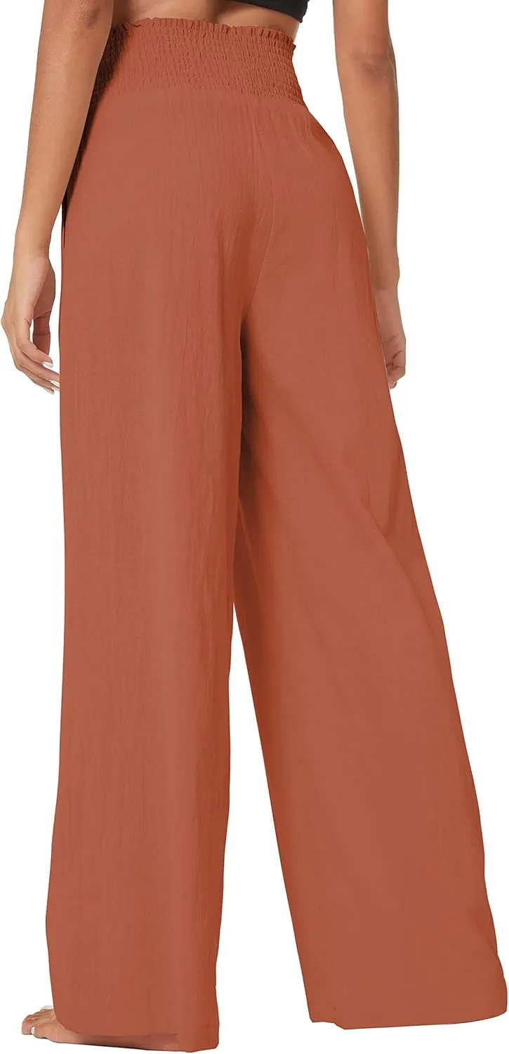 Urban CoCo Women's Elastic High Waist Light Weight Loose Casual Wide Leg Trousers Long Pants with Pocket