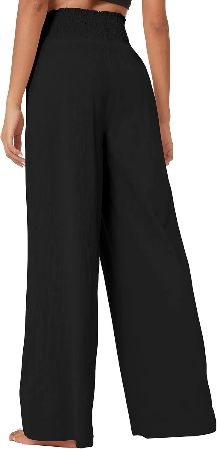 Urban CoCo Women's Elastic High Waist Light Weight Loose Casual Wide Leg Trousers Long Pants with Pocket