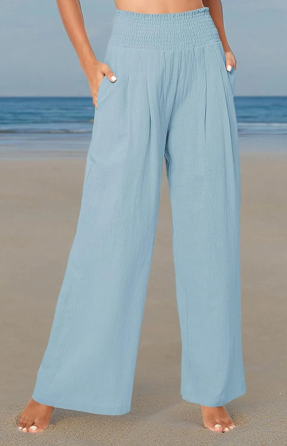 Urban CoCo Women's Elastic High Waist Light Weight Loose Casual Wide Leg Trousers Long Pants with Pocket