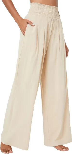 Urban CoCo Women's Elastic High Waist Light Weight Loose Casual Wide Leg Trousers Long Pants with Pocket
