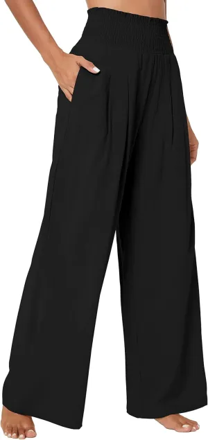 Urban CoCo Women's Elastic High Waist Light Weight Loose Casual Wide Leg Trousers Long Pants with Pocket
