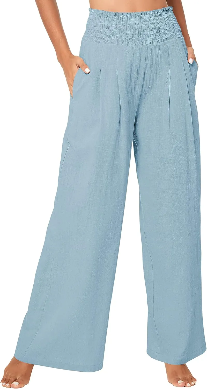 Urban CoCo Women's Elastic High Waist Light Weight Loose Casual Wide Leg Trousers Long Pants with Pocket