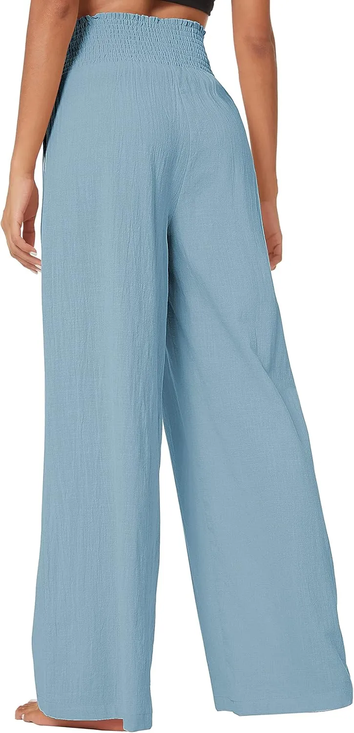 Urban CoCo Women's Elastic High Waist Light Weight Loose Casual Wide Leg Trousers Long Pants with Pocket