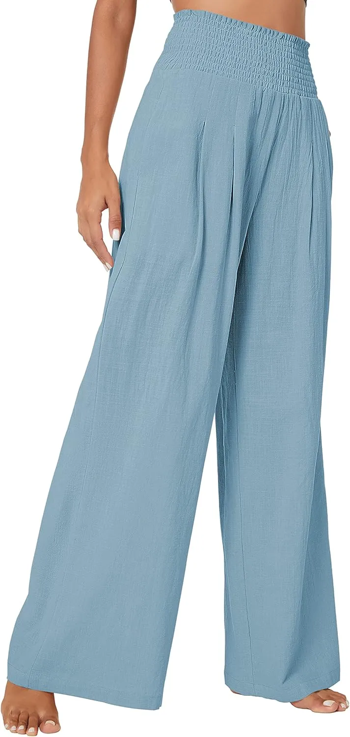 Urban CoCo Women's Elastic High Waist Light Weight Loose Casual Wide Leg Trousers Long Pants with Pocket