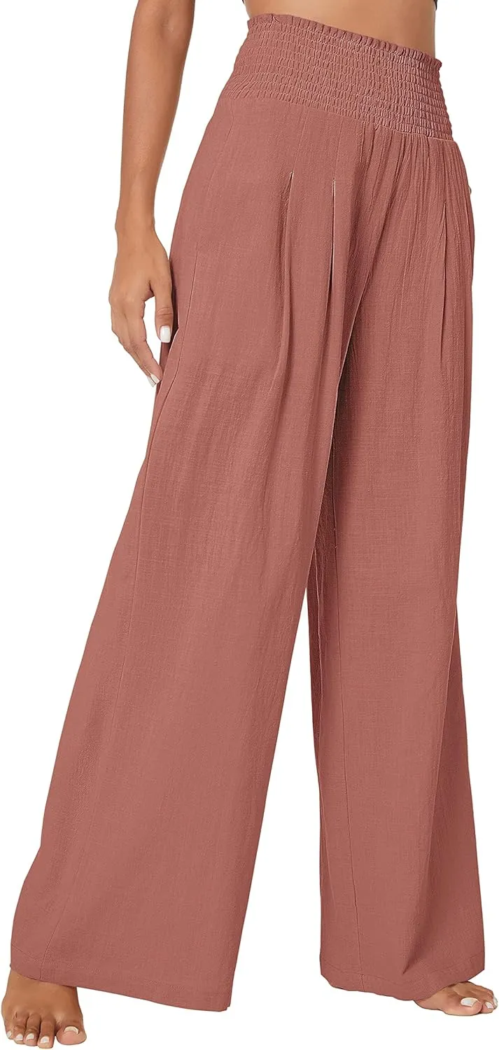 Urban CoCo Women's Elastic High Waist Light Weight Loose Casual Wide Leg Trousers Long Pants with Pocket