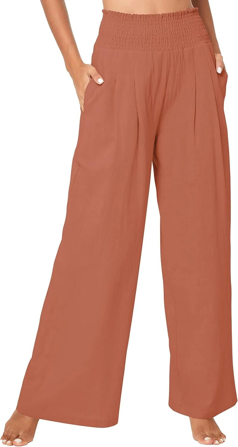Urban CoCo Women's Elastic High Waist Light Weight Loose Casual Wide Leg Trousers Long Pants with Pocket
