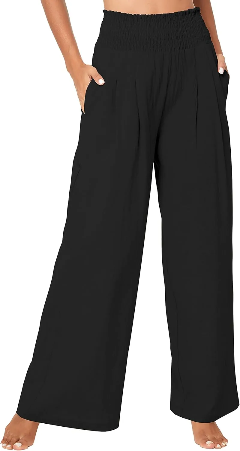 Urban CoCo Women's Elastic High Waist Light Weight Loose Casual Wide Leg Trousers Long Pants with Pocket