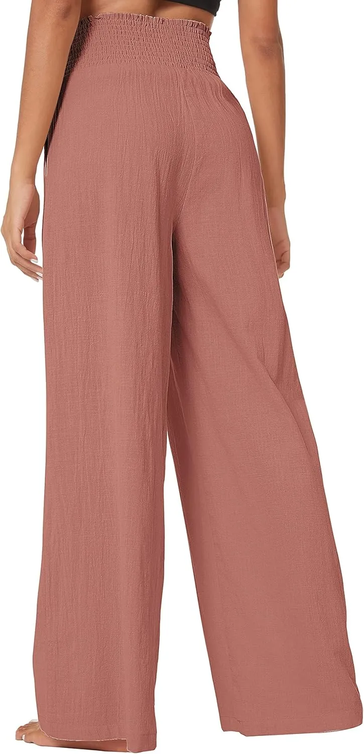 Urban CoCo Women's Elastic High Waist Light Weight Loose Casual Wide Leg Trousers Long Pants with Pocket