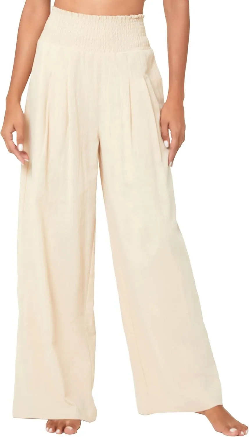 Urban CoCo Women's Elastic High Waist Light Weight Loose Casual Wide Leg Trousers Long Pants with Pocket