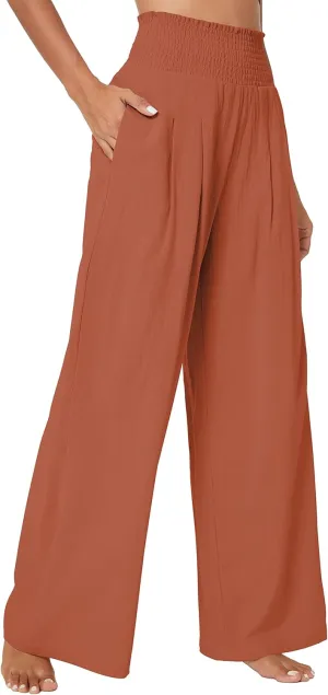 Urban CoCo Women's Elastic High Waist Light Weight Loose Casual Wide Leg Trousers Long Pants with Pocket