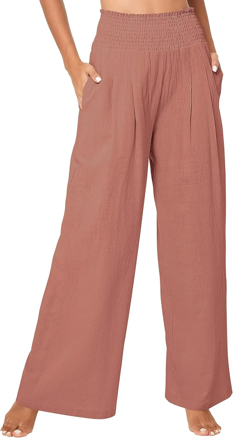 Urban CoCo Women's Elastic High Waist Light Weight Loose Casual Wide Leg Trousers Long Pants with Pocket
