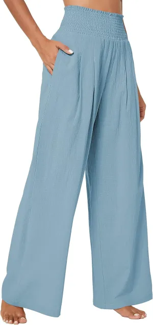 Urban CoCo Women's Elastic High Waist Light Weight Loose Casual Wide Leg Trousers Long Pants with Pocket