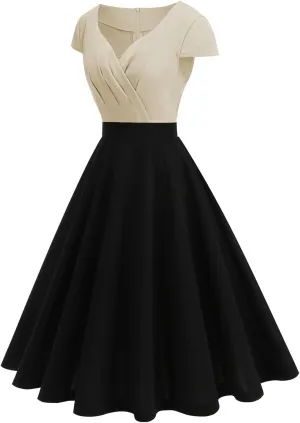 V Neck A Line Dress for Womenand Colorblock 1950s Vintage Style Midi Dress with Full Skirt Vintage