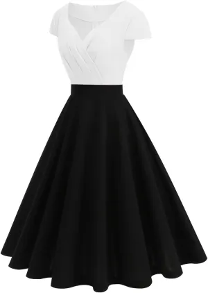 V Neck A Line Dress for Womenand Colorblock 1950s Vintage Style Midi Dress with Full Skirt Vintage