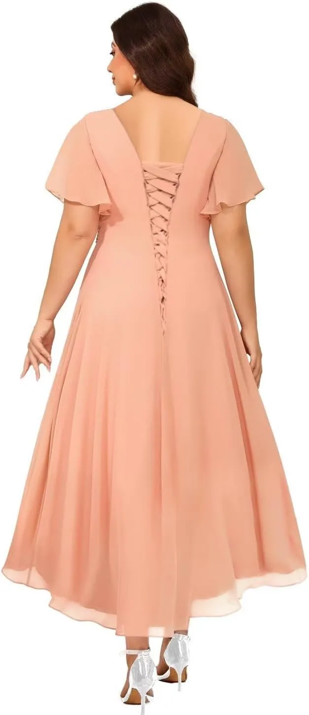 V Neck Lace Mother of The Bride Dresses with Sleeves 2025 Chiffon High Low Formal Evening Dress YMS431