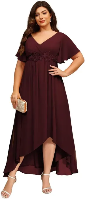 V Neck Lace Mother of The Bride Dresses with Sleeves 2025 Chiffon High Low Formal Evening Dress YMS431
