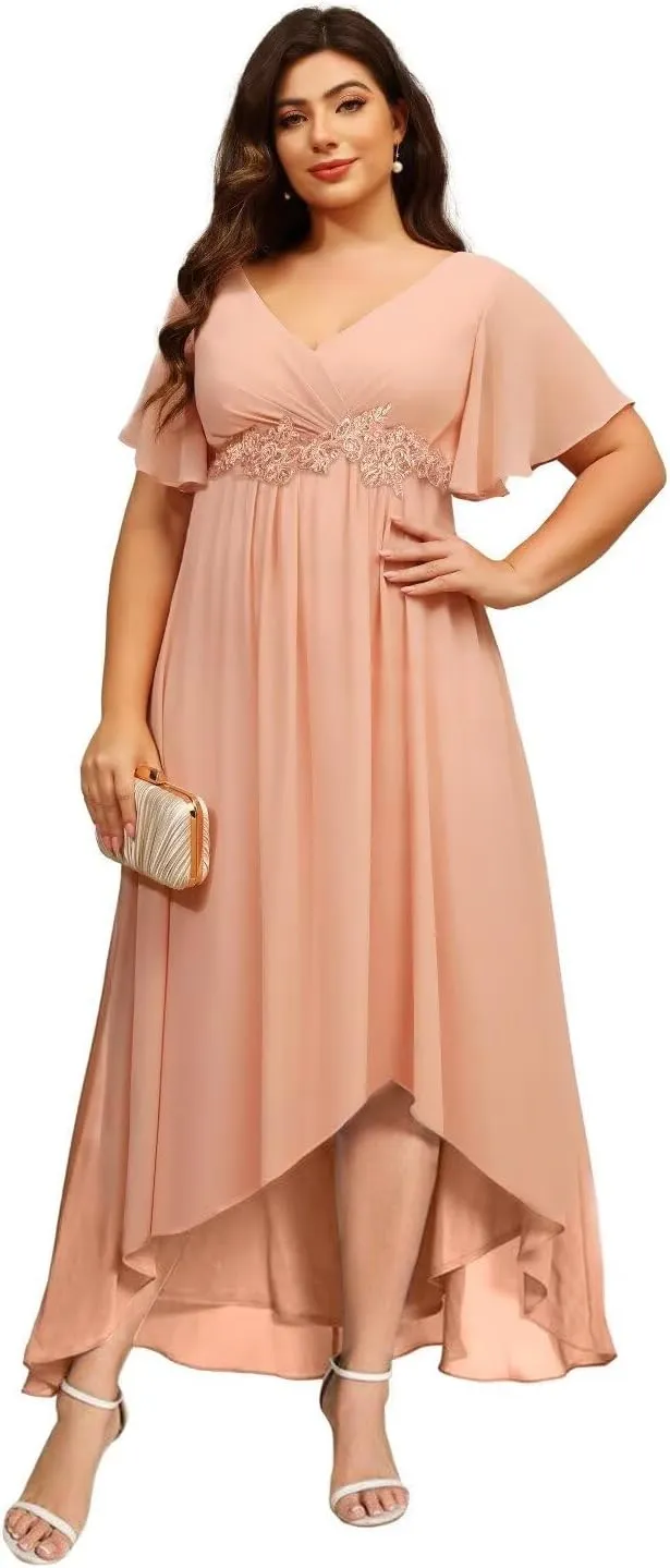 V Neck Lace Mother of The Bride Dresses with Sleeves 2025 Chiffon High Low Formal Evening Dress YMS431