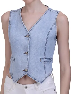 V VOCNI Women Denim Vest Waistcoat V Neck Sleeveless Jean Vest Top Denim Cropped Vest Light Blue Medium